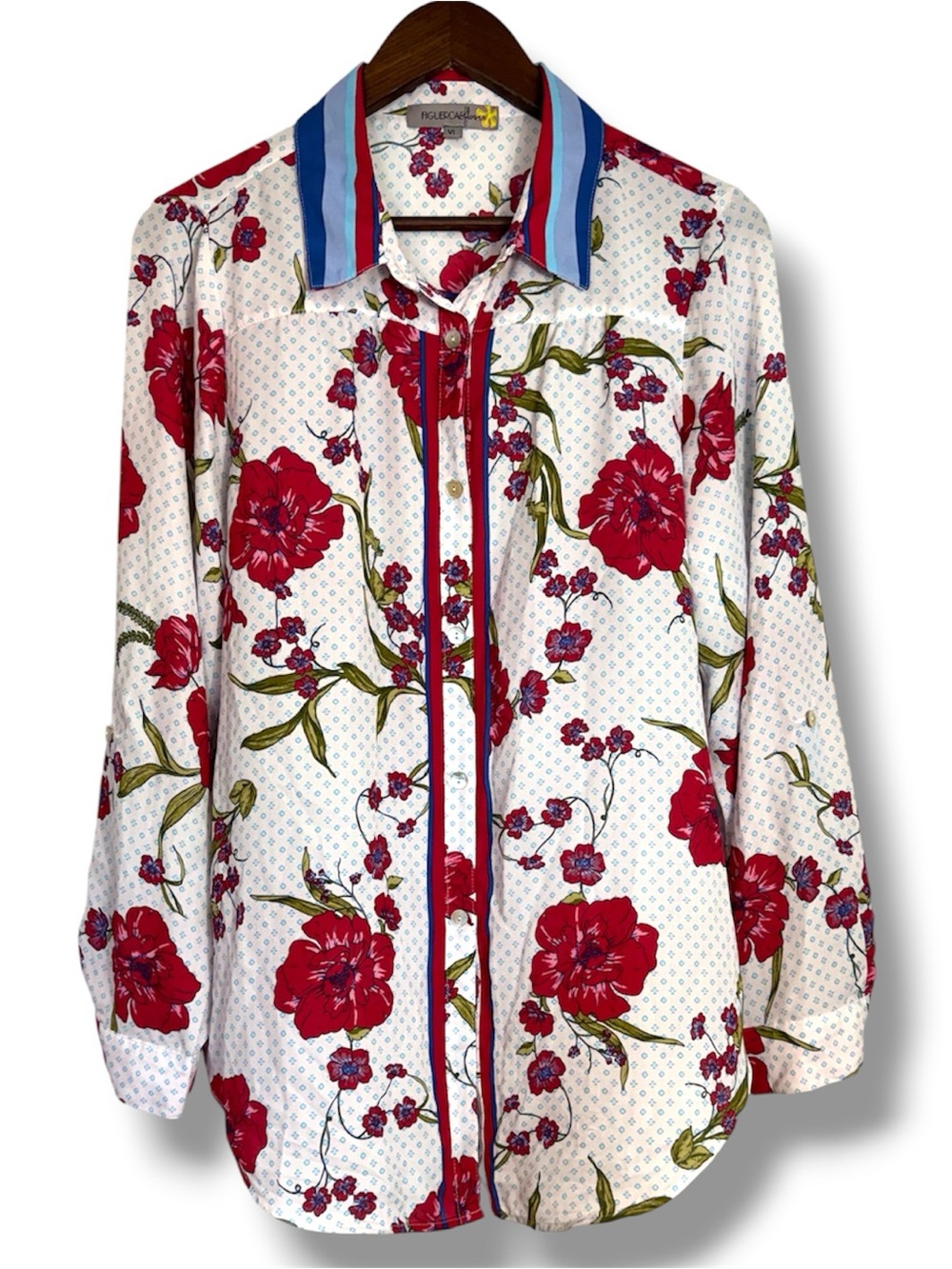Figueroa & Flower Button Front Floral Long Sleeve Blounse Top XL Roll-Tab Sleeve